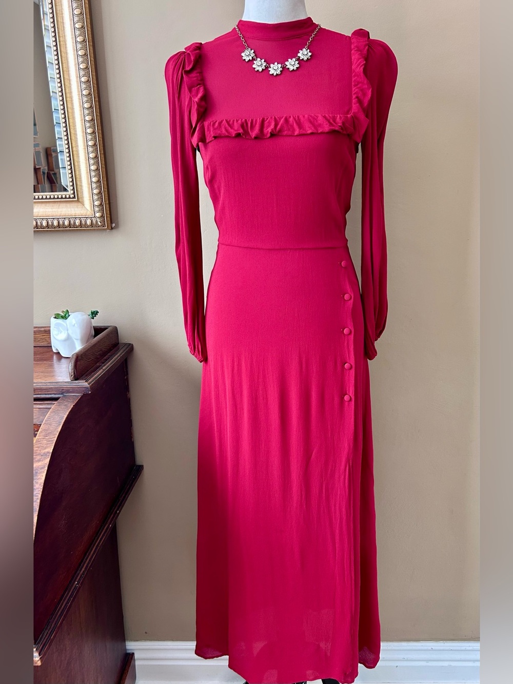Reformation Gillian Dress Red Long Sleeve Ruffle Size 6 - Picture 2 of 13